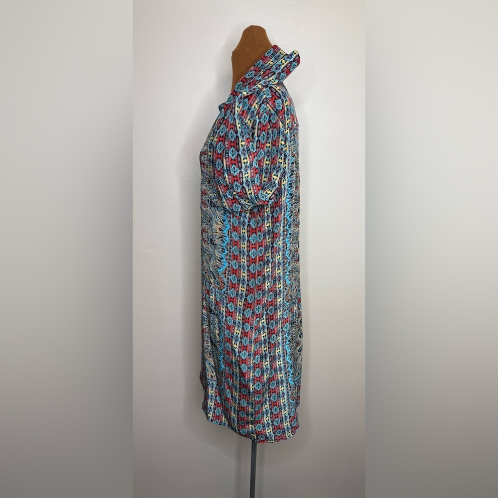 Tolani Lorraine Silk Long Sleeve Blue and Red Patterned Midi Dress Size Medium - Picture 3 of 9